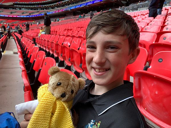 Herbie with Brooklands Bertie sat in Wembley Stadium.