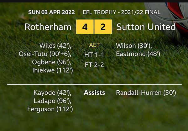 Screen showing final score 4:2 to Rotherham after extra time.