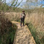 Bobby dressed like an explorer on a boardwalk at the Wildlife and Wetlands Trust, Arundel.