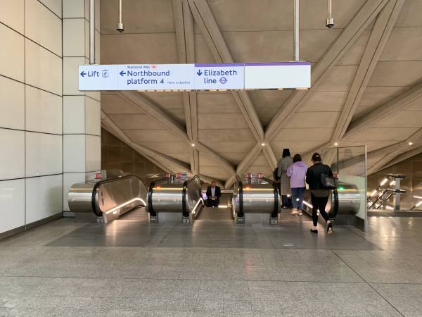 Escalators to the Elizabeth Line, Farringdon Station.