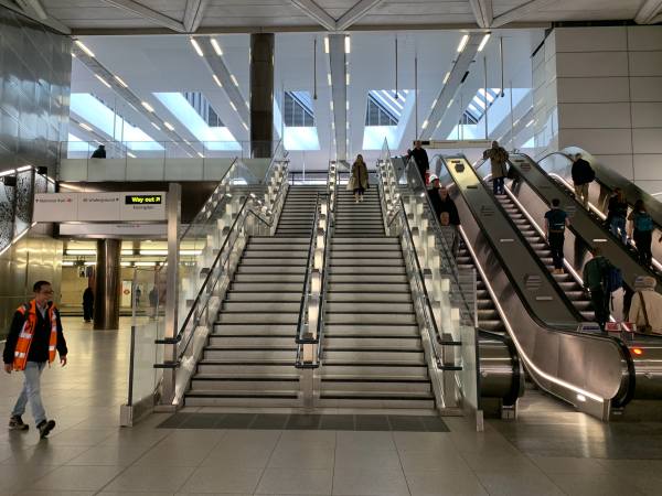 Escalators going up from the Elizabeth Line, Farringdon Station.