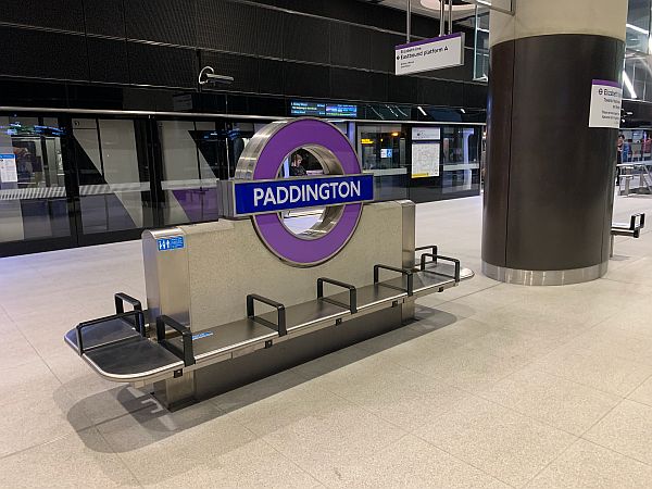 Deserted platform, Elizabeth Line Paddington Station, with glass screens along the platform edge.