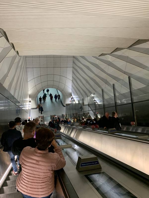 Travelling down the escalator to the Elizabeth Line at Liverpool Street.