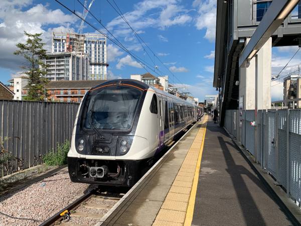 Elizabeth Line train at the above ground terminus at Abbey Wood.