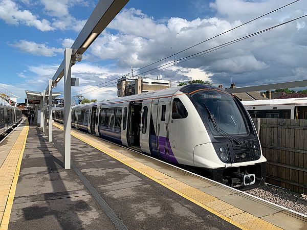 Elizabeth Line train at the above ground terminus at Abbey Wood.