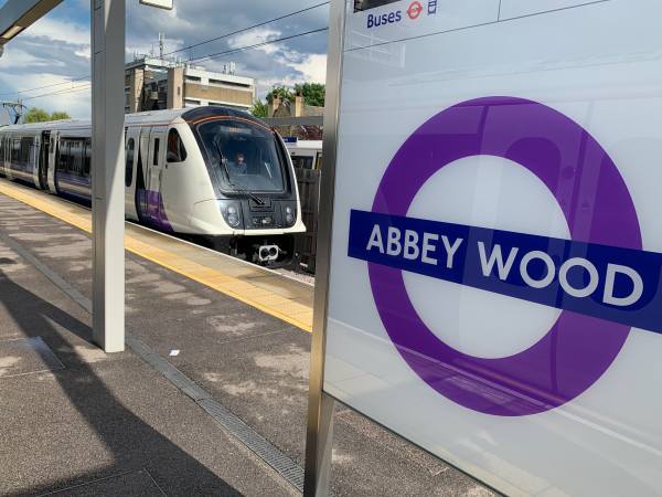 Elizabeth Line train at the above ground terminus at Abbey Wood.