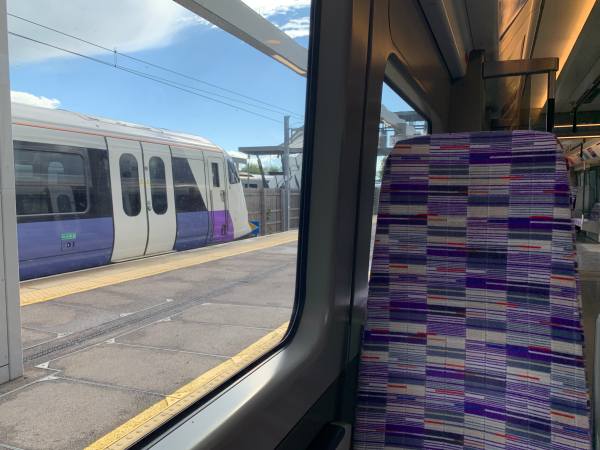 On an Elizabeth Line train at Abbey Wood station.