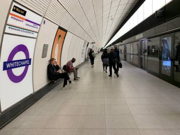 A quiet platform at Whitechapel Station, Elizabeth Line.