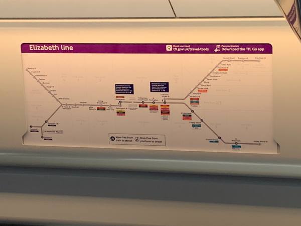 Elizabeth Line map on one of the trains.