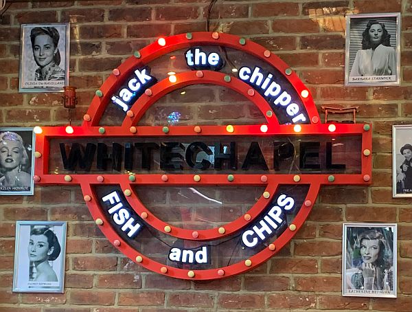 "Jack the Chipper" Fish and Chips in a Whitechapel roundel.