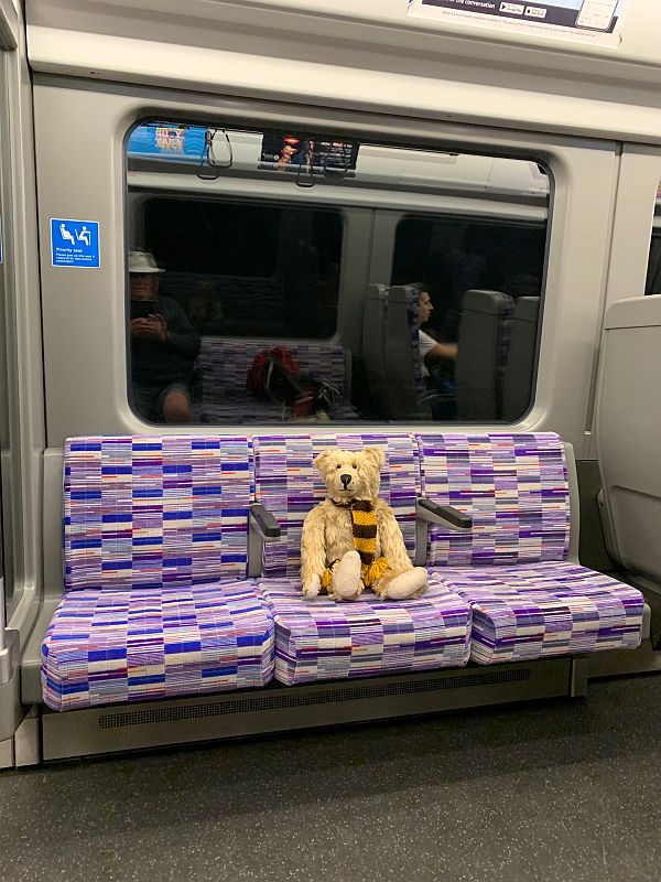 Bertie sat in the middle of one of the transverse seats, with Bobby taking the phot reflected in the mirror behind.