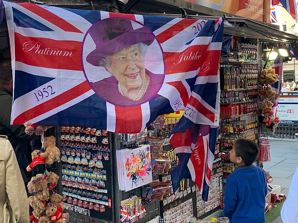 Royal flag and souvenirs for the Queen's Platinum Jubilee.