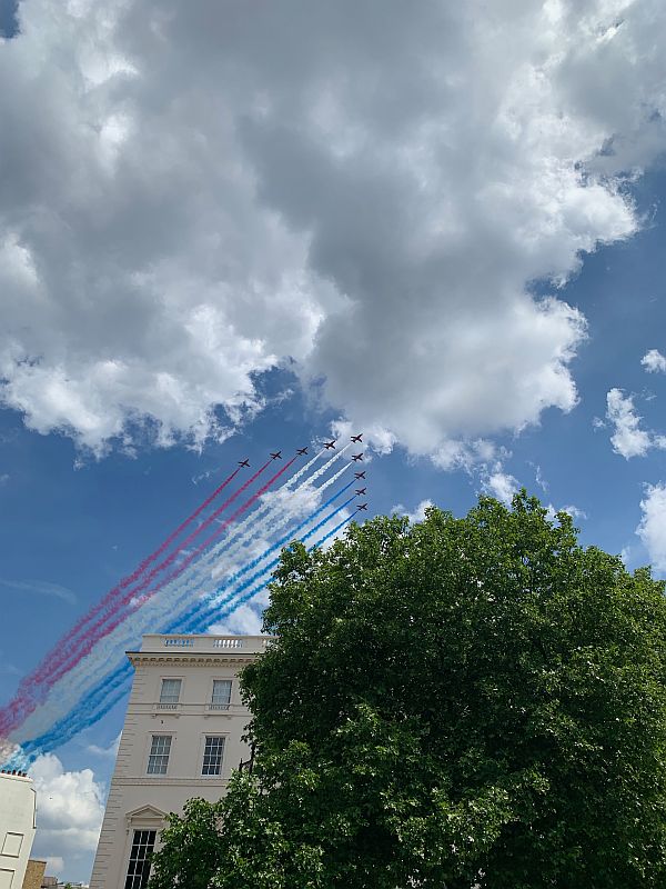 The Red Arrows over Belgravia Square.