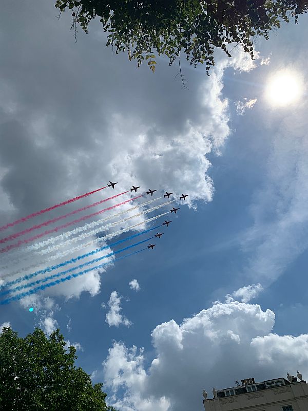 The Red Arrows over Belgravia Square.