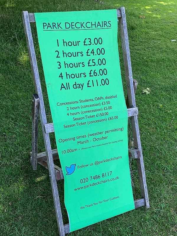 Deckchair Price List. Queen Mary's Rose Garden, Regent's Park.