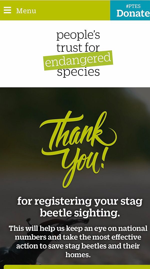 "Thank you for registering your stag beetle sighting". Link will take you to the "register your sighting" page.