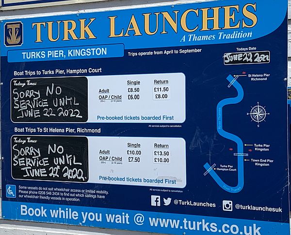 Sign at Turks Pier saying no service until 22 June 2022.
