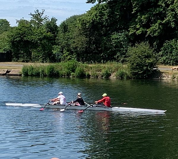 Three OAPs rowing on the Thames.