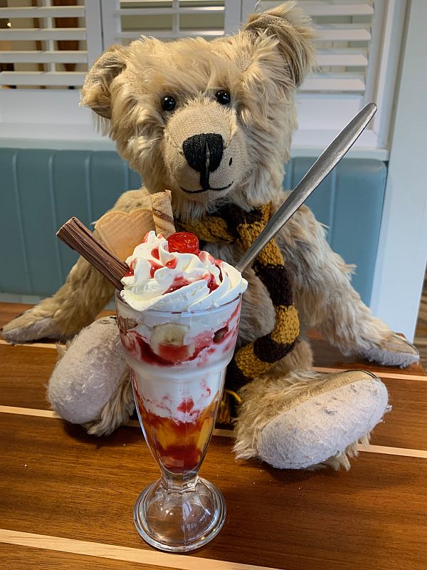 Bertie with a huge Knickerbocker Glory.