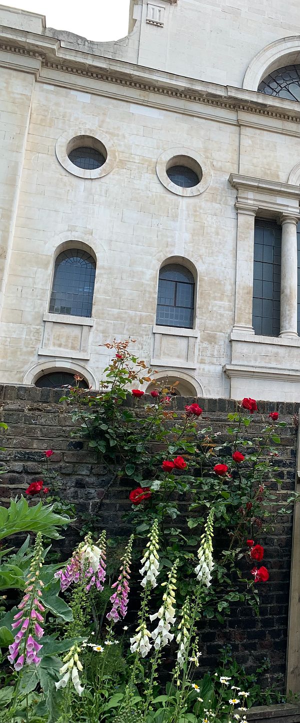 The garden wall of the Rectory lined with colourful flowers, with the church bbehind.