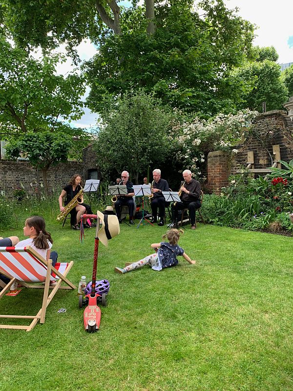 Sax quartet in the rectory garden.