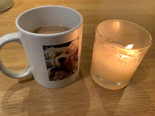 A mug, with a picture of Bertie on it, alongside a candle lit for Bobby & Diddley.
